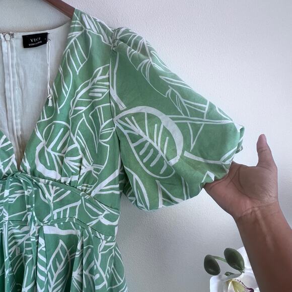VICI Green Linen Blend Puff Sleeve Fit and Flare Mini Dress Women's Size X-Large - Picture 5 of 9